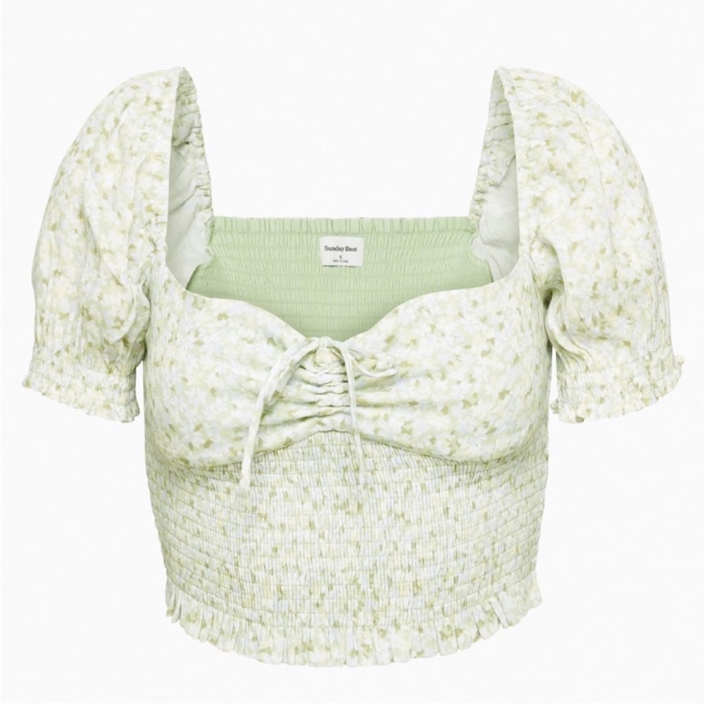 Sunday Best Floral Smocked Puff Sleeve Crop Top M Green